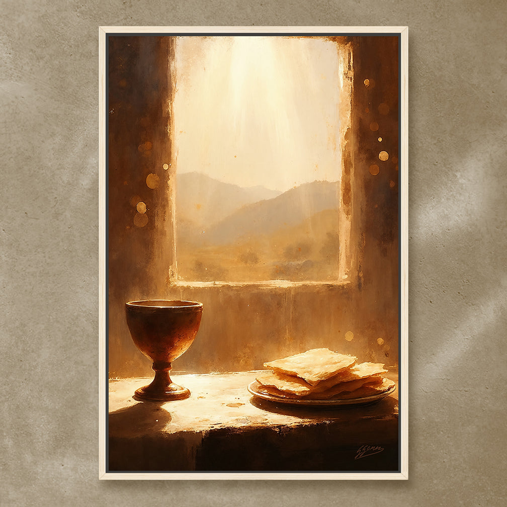 The Eucharist faith-based artwork showing communion elements in reverent religious scene
