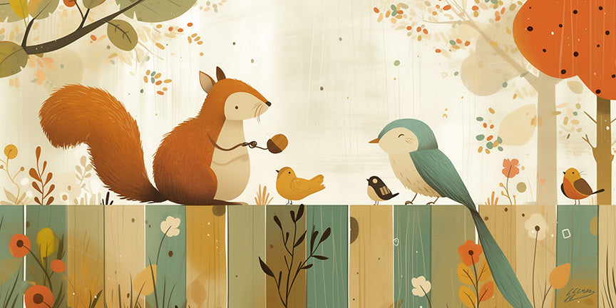 Squirrel and Birds on a Fence